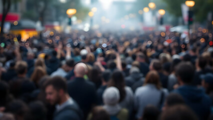 A blurry image of a large crowd of people gathered in a city street. Streetlights and buildings are visible in the background. The focus is on the density of the crowd.