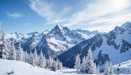 Obraz premium Panoramic View of Snow-Capped Mountains on a Clear Winter Day