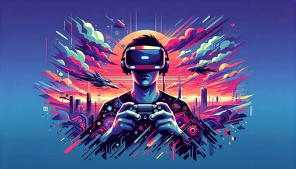 Vibrant futuristic illustration showcasing an intense gamer immersed in virtual reality, depicting a dynamic digital world with cinematic colors and double exposure effect on a plain background.
