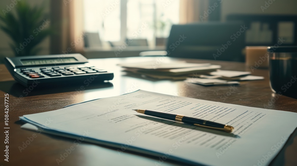 Poster Pen and Paper Contract on Desk with a Calculator in Background