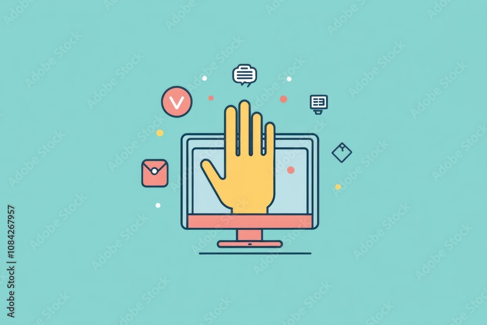 Aufkleber A hand icon is extending towards a computer monitor displaying settings and security icons, symbolizing digital control and management. Generative AI