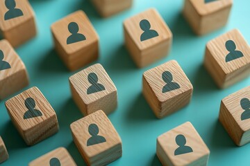 Scattered Wooden Cubes with Human Symbols, Blue Background.