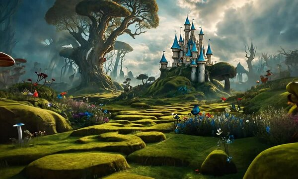 Alice in wonderland background,A mystical castle nestled in a magical forest, surrounded by sunlight and lush greenery.
