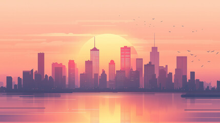 Fototapeta premium Modern City Skyline at Sunset with Reflection on Water - Minimalist Pastel Cityscape Illustration