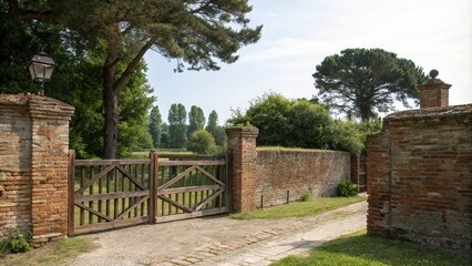 Old brick wall with wooden gates and trees in the background, countryside, old, trees, forest