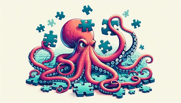 Curious octopus solving complex puzzle with vibrant colors and cephalopod intelligence in a captivating double-exposure illustration