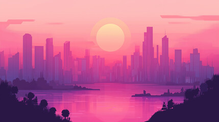 Fototapeta premium Minimalist Urban Skyline at Sunset with Pastel Colors - Serene Cityscape Illustration with Modern Buildings