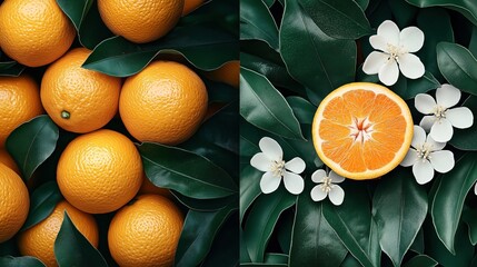 Close-up of fresh whole oranges and halved orange with green leaves and white blossoms surrounding the fruit, showcasing vibrant colors and texture.