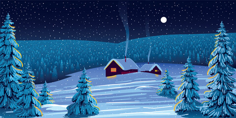 Winter season landscape night panorama with village under the snow in the first plan and forest in the background. Handmade drawing vector illustration. Can be used for christmas gifts, decorations.