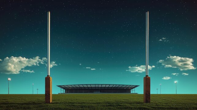 Night Stadium Rugby Goalposts Field Green Grass