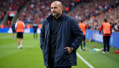 Coach prepares for an exciting kick-off at the stadium during a thrilling match with enthusiastic fans and lively atmosphere in the stands