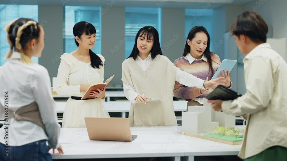 Poster Architecture, laptop and students with model and learning with notes and talk about architect research process. Class, presentation and Japanese people with building design training at university