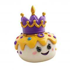 A cheerful, cartoon-style cupcake with colorful sprinkles and a royal crown.