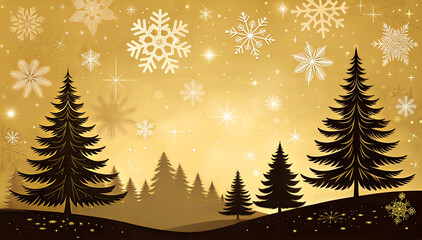 Fototapeta premium Christmas tree silhouettes and snowflakes on a golden night sky, illustration