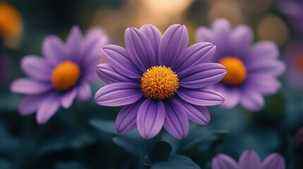 Obraz premium A close-up of vibrant purple daisies with bright yellow centers in a soft-focus background.