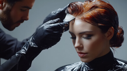 Professional hairstylist applying hair color to client in salon setting for modern makeover