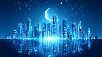 Obraz premium A stunning futuristic skyline illuminated by moonlight, featuring reflective glass buildings against a serene night sky filled with stars.