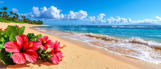 A stunning tropical beach scene featuring vibrant pink hibiscus flowers, golden sand, and clear blue ocean waves under a bright sky filled with fluffy clouds.
