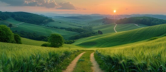 Sunset over rolling hills