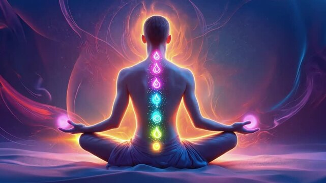 person meditating with vibrant chakras against a cosmic background, symbolizing energy and spirituality