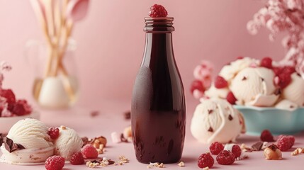 Chocolate Sauce Bottle with Ice Cream and Raspberries on Pink Background