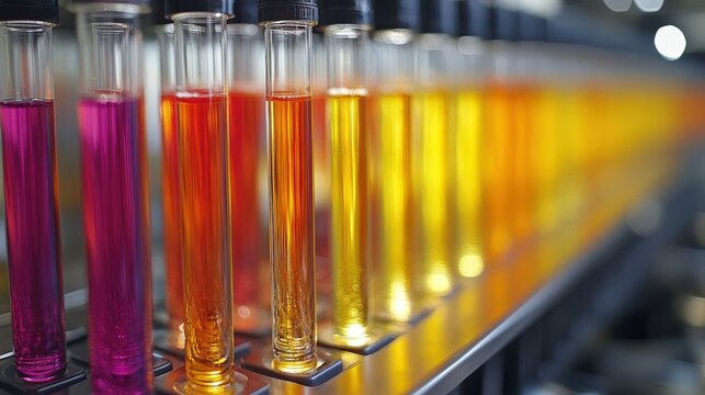 A row of test tubes filled with colorful liquids, showcasing a scientific experiment.