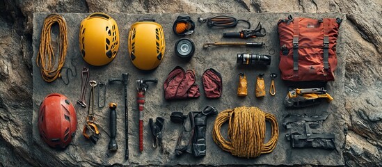 A detailed layout of mountain climbing essentials: helmet, gloves, rope, and flashlight, all arranged symmetrically on a slab of rock 
