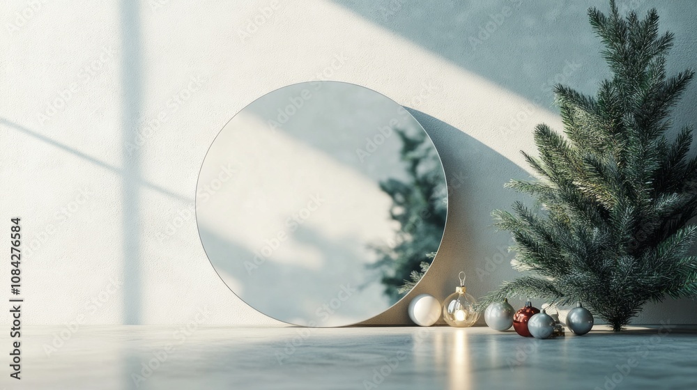 Poster A large mirror is placed in front of a Christmas tree