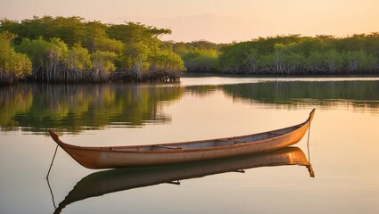 Obraz premium Tranquil Lagoon at Dusk Featuring a Drifting Canoe Surrounded by Lush Greenery and Calm Waters Reflecting the Golden Light of Sunset