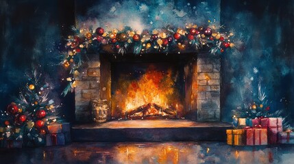 A cozy fireplace adorned with holiday decorations and gifts, evoking warmth and festivity.