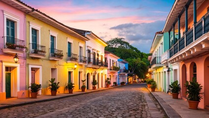 Obraz premium Historic Quarter with Colorful Facades at Sunset, Showcasing Vibrant Architecture in a Charming Urban Setting