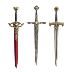 Antique swords with ornate details and unique designs on display., isolated on a transparent background.