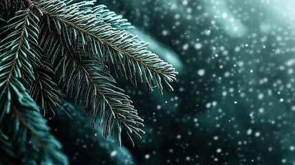 Close-up of frosty evergreen pine branches with snow falling against a blurred wintery background.