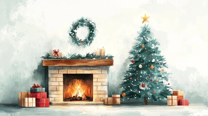 A cozy holiday scene featuring a decorated Christmas tree, fireplace, and gifts.