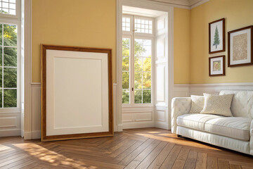 Fototapeta premium Modern Living Room with Wall Art Mockup. Home Interior and Stylish Decor. 3D Rendering.