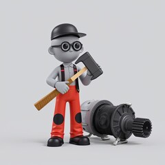 Fototapeta premium 3D stick figure mechanic repairing broken machinery with a giant hammer, ideal for engineering visuals and minimalist character in a workshop setting with copy space