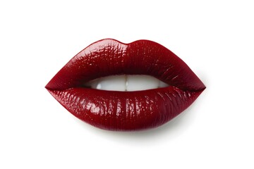 Obraz premium makeup of bold lipstick on the red lips, representing cosmetics, beauty, makeup and lip texture on the white background