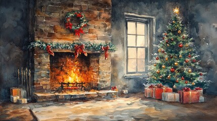 A cozy living room decorated for Christmas with a fireplace, tree, and presents.