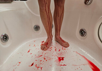 Female legs with blood in shower. Termination of pregnancy menstruation concept