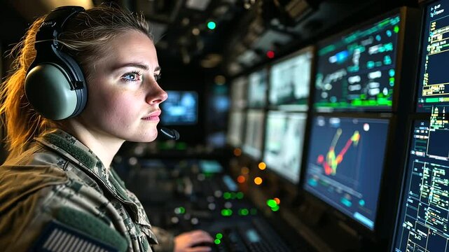 Inside a high-tech military operations center, a woman officer in uniform, wearing headphones, expertly manages a control panel displaying live feeds of joint exercises across mult