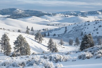 winter landscape made of snowy hills, pine trees, untouched snow and serene nature, representing cold season, outdoor beauty and winter wonderland