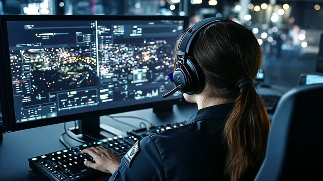 A wide-angle view of the military operations center, with the woman officer at the helm, wearing her headset and using a sleek control panel to direct cross-functional teams across