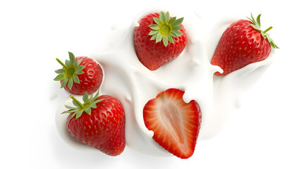 milk or yogurt splash with strawberries isolated on white background, 3d rendering.