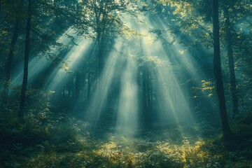 Obraz premium Magic forest with sunbeams and fog