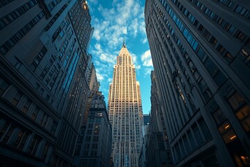 Fototapeta premium Tall Glass Building Upward Against Cloudy Sky in Metropolis