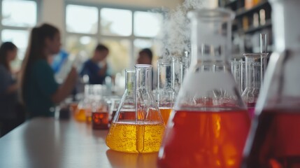 Brightly colored liquids bubble and mix as students work collaboratively in a lively chemistry lab, exploring scientific concepts on a sunny afternoon