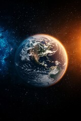 Obraz premium Close-up Earth in Cosmic Splendor Detailed View of North America, Starscape Background, Awe-Inspiring Space Contrast - Science and Environmental Concept