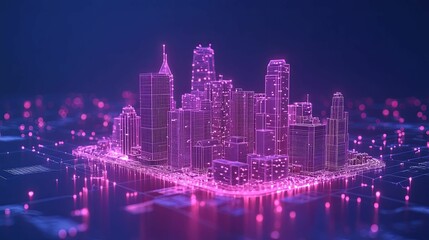Fototapeta premium A Wireframe Cityscape with Pink Neon Lights