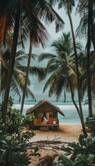 Fototapeta premium Charming beachfront house surrounded by palm trees with stunning maldives ocean view on a rainy day