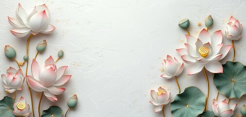 Elegant Lotus Flower Symmetry on Textured Off-White Background with Gold Accents - Serene Botanical Art for Home Decor and Relaxation